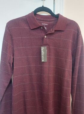 Van Heusen Men's Burgundy Windowpane Long-Sleeve Polo Shirt